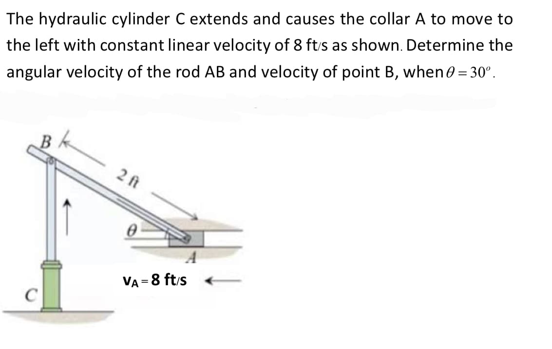 The hydraulic cylinder C extends and causes the collar A to move to
the left with constant linear velocity of 8 ft/s as shown. Determine the
angular velocity of the rod AB and velocity of point B, when 0 = 30°.
C
2 ft
VA = 8 ft/s