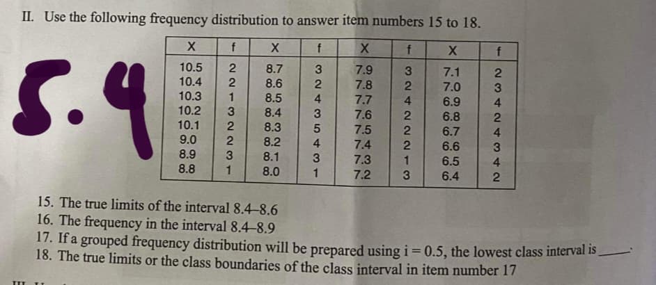 II. Use the following frequency distribution to answer item numbers 15 to 18.
f
f
5.9
7.9
7.8
7.1
7.0
10.5
8.7
10.4
2
8.6
3
4.
7.7
7.6
10.3
1
8.5
6.9
6.8
10.2
10.1
9.0
3
8.4
3
8.3
7.5
6.7
4
7.4
6.6
6.5
6.4
8.2
4
8.9
8.8
3
8.1
3
7.3
4
8.0
1
7.2
15. The true limits of the interval 8.4-8.6
16. The frequency in the interval 8.4-8.9
17. If a grouped frequency distribution will be prepared using i=0.5, the lowest class interval is
18. The true limits or the class boundaries of the class interval in item number 17
TIT
3242 221
