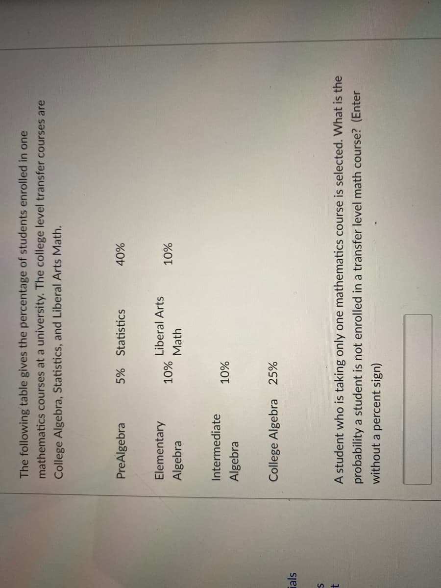 The following table gives the percentage of students enrolled in one
mathematics courses at a university. The college level transfer courses are
College Algebra, Statistics, and Liberal Arts Math.
PreAlgebra
5% Statistics
Elementary
Liberal Arts
%0%
Math
Algebra
%0%
Intermediate
Algebra
%0%
College Algebra 25%
ials
A student who is taking only one mathematics course is selected. What is the
probability a student is not enrolled in a transfer level math course? (Enter
without a percent sign)
