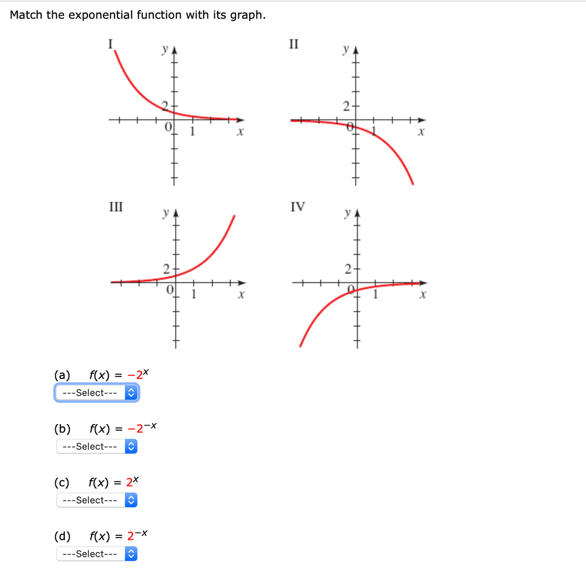 Match the exponential function with its graph.
I
II
III
IV
2+
++
+
X
(а)
f(x) = -2x
---Select---
(b)
f(x) = -2-x
---Select---
(c)
f(x) = 2x
%3D
---Select---
(d)
f(x) = 2-x
---Select---
