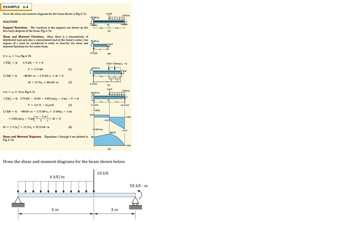 EXAMPLE
6.4
Draw the shear and moment diagrams for the beam shown in Fig. 6-7a.
15 kN
5 kN/m
80 kN-m
SOLUTION
Support Reactions. The reactions at the supports are shown on the
free-body diagram of the beam, Fig. 6-7d.
-5m
5m
(a)
Shear and Moment Functions. Since there is a discontinuity of
distributed load and also a concentrated load at the beam's center, two
regions of x must be considered in order to describe the shear and
moment functions for the entire beam.
80 kN-m
5.75 kN
(b)
0 < x, < 5 m, Fig. 6-7b:
+1EF, = 0;
5.75 kN - V = 0
15 kN 5 kN/m(x, - 5)
80 kN-m
V = 5.75 kN
(1)
C+EM = 0;
-80 kN • m – 5.75 kN x1 + M = 0
5m
X2-5 x2-5
M = (5.75x, + 80) kN• m
(2)
5.75 kN
(c)
15 kN
5 kN/m
5 m < x, < 10 m, Fig. 6-7c:
80 kN-m
+1EF, = 0; 5.75 kN – 15 kN – 5 kN/m(x, - 5 m) - V = 0
v = (15.75 - 5x2) kN
(3)
5.75 kN
34.25 kN
(+EM = 0; -80 kN • m 5.75 kN x2 + 15 kN(x2 - 5 m)
V (kN)
5.75
X2 - 5 m
-x (m)
+ 5 kN/m(x2 - 5 m)
+ M = 0
-9.25
M = (-2.5x, + 15.75x2 + 92.5) kN •m
(4)
M (kN-m)
-34.25
l108.75
Shear and Moment Diagrams. Equations 1 through 4 are plotted in
Fig. 6-7d.
80
-x (m)
(d)
Draw the shear and moment diagrams for the beam shown below.
10 kN
4 kN/m
50 kN · m
5 m
3 т
