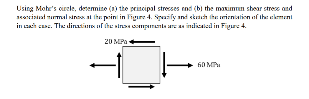 Using Mohr's circle, determine (a) the principal stresses and (b) the maximum shear stress and
associated normal stress at the point in Figure 4. Specify and sketch the orientation of the element
in each case. The directions of the stress components are as indicated in Figure 4.
20 MPа
60 MPа
