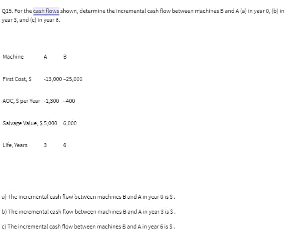 ### Determining Incremental Cash Flow Between Machines

#### Question 15: Cash Flow Analysis

Given the cash flows, determine the incremental cash flow between machines B and A:

- (a) in year 0
- (b) in year 3
- (c) in year 6

#### Machine Details:

|                        | Machine A | Machine B |
|------------------------|-----------|-----------|
| **First Cost, $**      | -13,000   | -25,000   |
| **AOC, $ per Year**    | -1,300    | -400      |
| **Salvage Value, $**   | 5,000     | 6,000     |
| **Life, Years**        | 3         | 6         |

##### Incremental Cash Flow Calculations:

(a) The incremental cash flow between machines B and A in year 0 is $ _______.

(b) The incremental cash flow between machines B and A in year 3 is $ _______.

(c) The incremental cash flow between machines B and A in year 6 is $ _______.

This exercise is designed to teach students how to compare cash flows of different investment options over time in order to make more informed financial decisions.