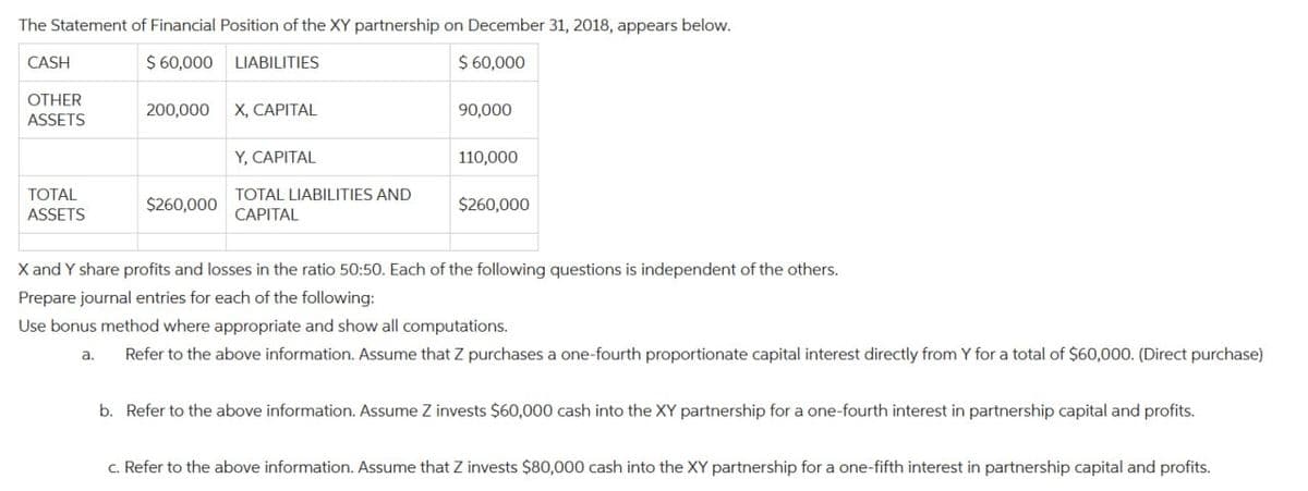 The Statement of Financial Position of the XY partnership on December 31, 2018, appears below.
$ 60,000
LIABILITIES
$ 60,000
CASH
OTHER
ASSETS
TOTAL
ASSETS
200,000
a.
$260,000
X, CAPITAL
Y, CAPITAL
TOTAL LIABILITIES AND
CAPITAL
90,000
110,000
$260,000
X and Y share profits and losses in the ratio 50:50. Each of the following questions is independent of the others.
Prepare journal entries for each of the following:
Use bonus method where appropriate and show all computations.
Refer to the above information. Assume that Z purchases a one-fourth proportionate capital interest directly from Y for a total of $60,000. (Direct purchase)
b. Refer to the above information. Assume Z invests $60,000 cash into the XY partnership for a one-fourth interest in partnership capital and profits.
c. Refer to the above information. Assume that Z invests $80,000 cash into the XY partnership for a one-fifth interest in partnership capital and profits.