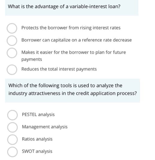 What is the advantage of a variable-interest loan?
Protects the borrower from rising interest rates
Borrower can capitalize on a reference rate decrease
Makes it easier for the borrower to plan for future
payments
Reduces the total interest payments
Which of the following tools is used to analyze the
industry attractiveness in the credit application process?
PESTEL analysis
Management analysis
Ratios analysis
SWOT analysis
