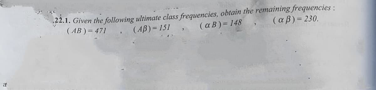 32.1. Given the following ultimate class frequencies, obtain the remaining frequencies :
( αΒ ) = 148
( AB ) = 471
(AB) = 151
(αβ) = 230.
a
