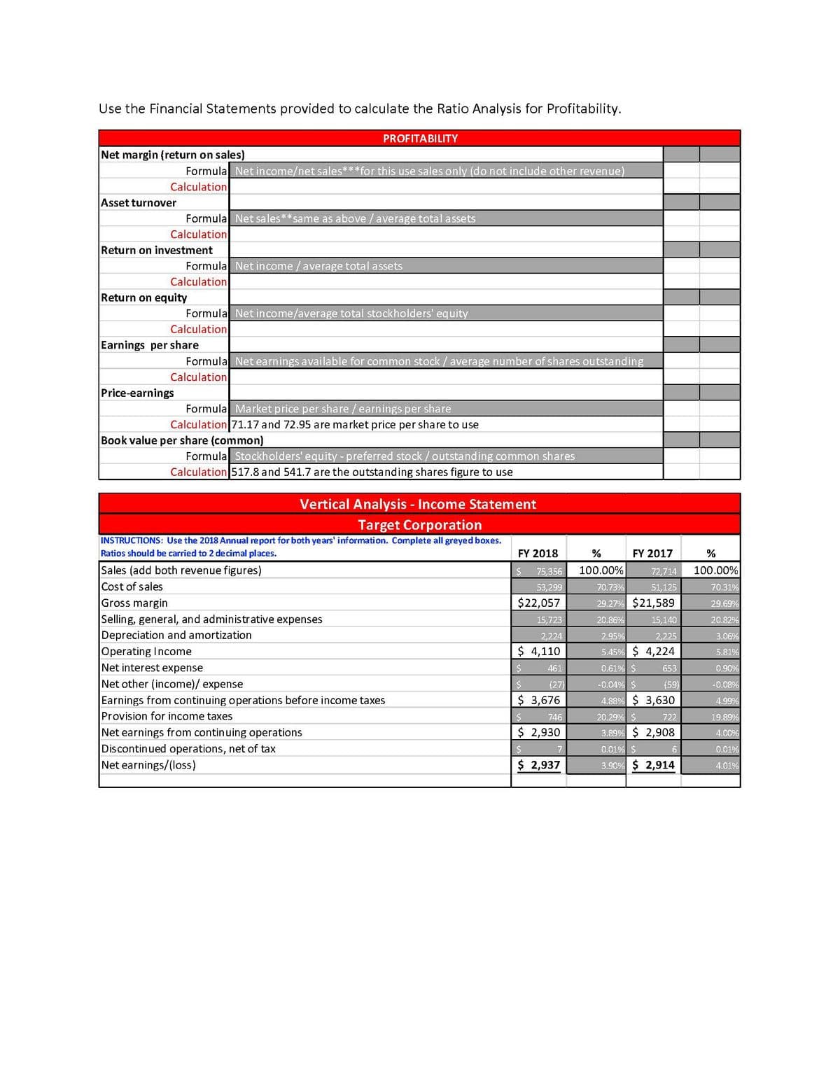 Use the Financial Statements provided to calculate the Ratio Analysis for Profitability.
PROFITABILITY
Net margin (return on sales)
Formula Net income/net sales***for this use sales only (do not include other revenue)
Calculation
Asset turnover
Formula Net sales**same as above /average total assets
Calculation
Return on investment
Formula Net income /average total assets
Calculation
Return on equity
Formula Net income/average total stockholders' equity
Calculation
Earnings per share
Formula Net earnings available for common stock /average number of shares outstanding
Calculation
Price-earnings
Formula Market price per share /earnings per share
Calculation 71.17 and 72.95 are market price per share to use
Book value per share (common)
Formula Stockholders' equity - preferred stock/outstanding common shares
Calculation 517.8 and 541.7 are the outstanding shares figure to use
Vertical Analysis - Income Statement
Target Corporation
INSTRUCTIONS: Use the 2018 Annual report for both years' information. Complete all greyed boxes.
Ratios should be carried to 2 de cimal places.
FY 2018
%
FY 2017
%
Sales (add both revenue figures)
24
75,356
100.00%
72,714
100.00%
Cost of sales
Gross margin
Selling, general, and administrative expenses
Depreciation and amortization
Operating Income
Net interest expense
Net other (income)/ expense
Earnings from continuing operations before income taxes
Provision for income taxes
53,299
70.73%
51,125
70.31%
$22,057
29.27% $21,589
29.69%
15,723
20.86%
20.82%
15,140
2,224
2.95%
2,225
3.06%
$ 4,110
5.45% $ 4,224
5.81%
461
0.61% $
653
0.90%
(27)
-0.04% $
(59)
-0.08%
$ 3,676
4.88% $ 3,630
4.99%
746
20.29% $
722
19.89%
$ 2,930
Net earnings from continuing operations
Discontinued operations, net of tax
Net earnings/(loss)
3.89%
2,908
4.00%
0.01% $
6
0.01%
$ 2,937
3.90% $ 2,914
4.01%
