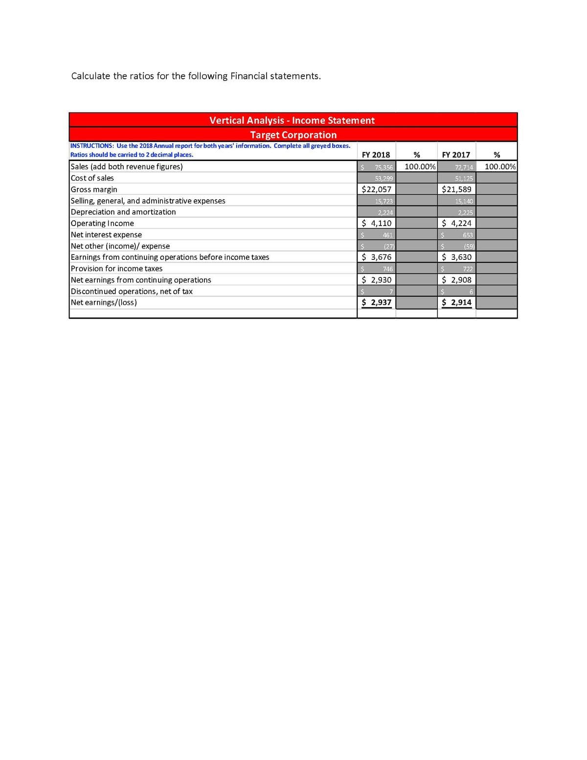 Calculate the ratios for the following Financial statements.
Vertical Analysis - Income Statement
Target Corporation
INSTRUCTIONS: Use the 2018 Annual report for both years' information. Complete all greyed boxes.
Ratios should be carried to 2 decimal places.
FY 2018
%
FY 2017
%
Sales (add both revenue figures)
Cost of sales
Gross margin
75,356
100.00%
72,714
100.00%
53,299
51,125
$22,057
$21,589
15,140
Selling, general, and administr ative expenses
Depreciation and amortization
Operating Income
Net interest expense
15,723
2,224
2,225
$ 4,110
$ 4,224
461
653
Net other (income)/ expense
Earnings from continuing operations before income taxes
Provision for income taxes
Net earnings from continuing operations
Discontinued operations, net of tax
earnings/(loss)
(27)
(59)
$ 3,676
$ 3,630
746
722
$ 2,930
$ 2,908
$ 2,937
2,914
