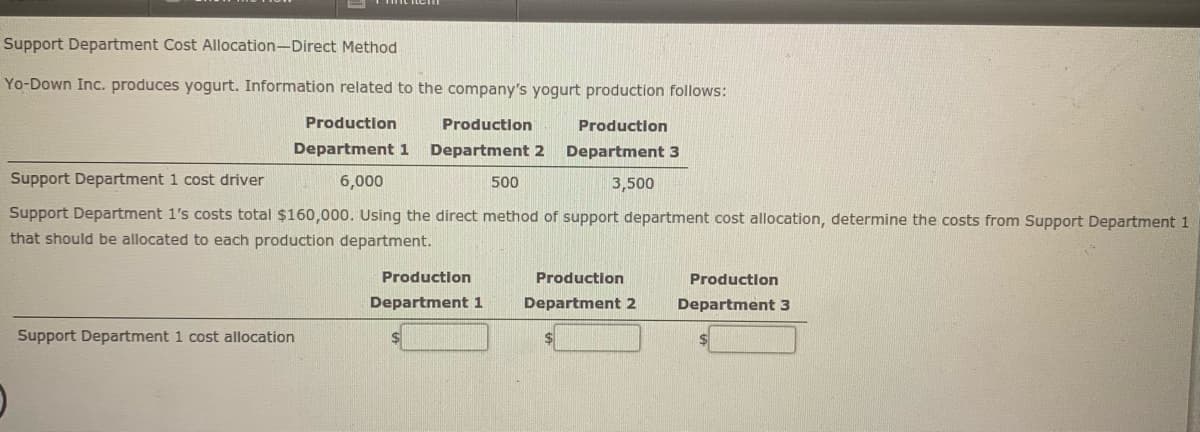 Support Department Cost Allocation-Direct Method
Yo-Down Inc. produces yogurt. Information related to the company's yogurt production follows:
Production
Production
Production
Department 1
Department 2
Department 3
Support Department 1 cost driver
6,000
500
3,500
Support Department 1's costs total $160,000. Using the direct method of support department cost allocation, determine the costs from Support Department 1
that should be allocated to each production department.
Production
Production
Production
Department 1
Department 2
Department 3
Support Department 1 cost allocation
