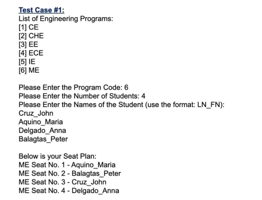 Test Case #1:
List of Engineering Programs:
[1] CE
[2] CHE
[3] EE
[4] ECE
[5] IE
[6] ME
Please Enter the Program Code: 6
Please Enter the Number of Students: 4
Please Enter the Names of the Student (use the format: LN_FN):
Cruz_John
Aquino_Maria
Delgado_Anna
Balagtas_Peter
Below is your Seat Plan:
ME Seat No. 1 - Aquino_Maria
ME Seat No. 2- Balagtas_Peter
ME Seat No. 3 - Cruz_John
ME Seat No. 4 - Delgado_Anna