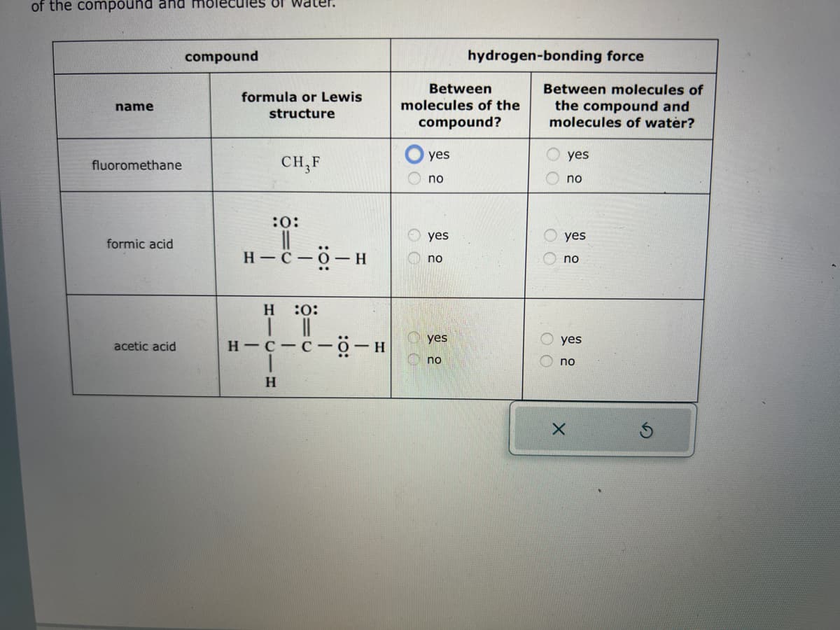 of the compound and molecules of ter.
name
fluoromethane
formic acid
acetic acid
compound
formula or Lewis
structure
CH,F
:0:
||
H-C-0-H
H :O:
| ||
H-C-C-O-H
H
Between
molecules of the
compound?
O O
00
yes
no
yes
no
yes
hydrogen-bonding force
no
Between molecules of
the compound and
molecules of water?
00
00
yes
no
yes
no
yes
X
no