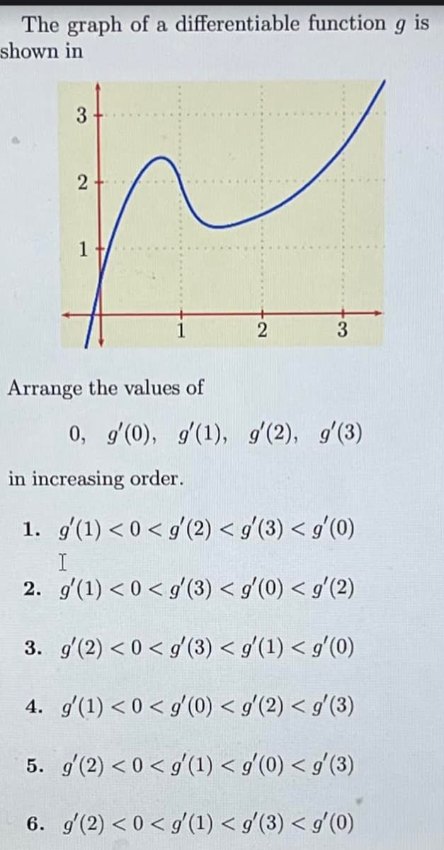 The graph of a differentiable function g is
shown in
2
W
1
3
Arrange the values of
3
0, g'(0), g'(1), g'(2), g'(3)
in increasing order.
1. g'(1) < 0 < g'(2) < g'(3) < g'(0)
I
2. g'(1) < 0 < g'(3) < g'(0) < g'(2)
3. g' (2) < 0 < g'(3) < g'(1) < g'(0)
4. g'(1) < 0 < g'(0) < g'(2) < g'(3)
5. g'(2) < 0 <g'(1) < g'(0) < g'(3)
6. g'(2) <0<g'(1) < g'(3) < g'(0)