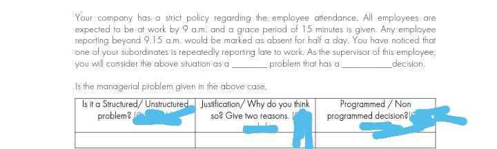 Your company has a strict policy regarding the employee atendance. All employees are
expected to be at work by 9 a.m. and a grace period of 15 minutes is given. Any employee
reporting beyond 9.15 a.m. would be marked as absent for half a day. You have noticed that
one of your subordinates is repeatedly reporting late to work. As the supervisor of this employee,
you will consider the above situation as a
problem that has a
_decision.
Is the managerial problem given in the above case,
Is it a Structured/ Unstructured
problem?
Justification/Why do you think
so? Give two reasons.
Programmed / Non
programmed decision?
