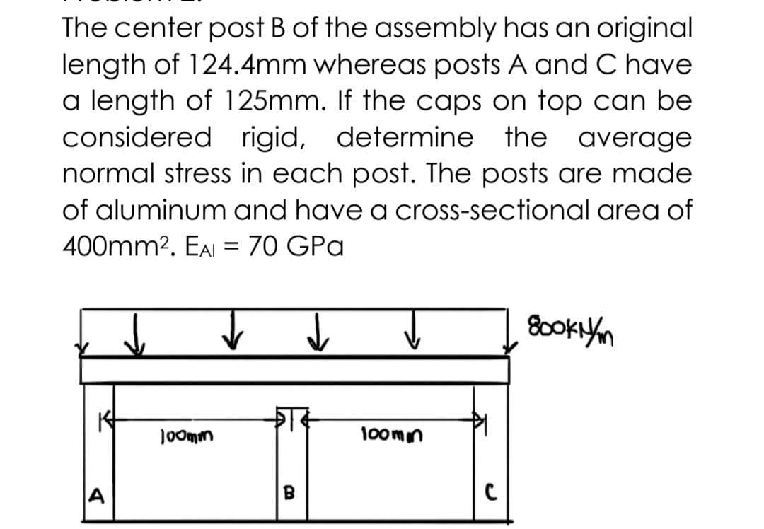 The center post B of the assembly has an original
length of 124.4mm whereas posts A and C have
a length of 125mm. If the caps on top can be
considered rigid, determine the average
normal stress in each post. The posts are made
of aluminum and have a cross-sectional area of
400mm2. EAI = 70 GPa
Joomm
100mn
A
