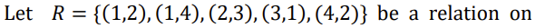 Let
R = {(1,2), (1,4), (2,3), (3,1), (4,2)} be a relation on
