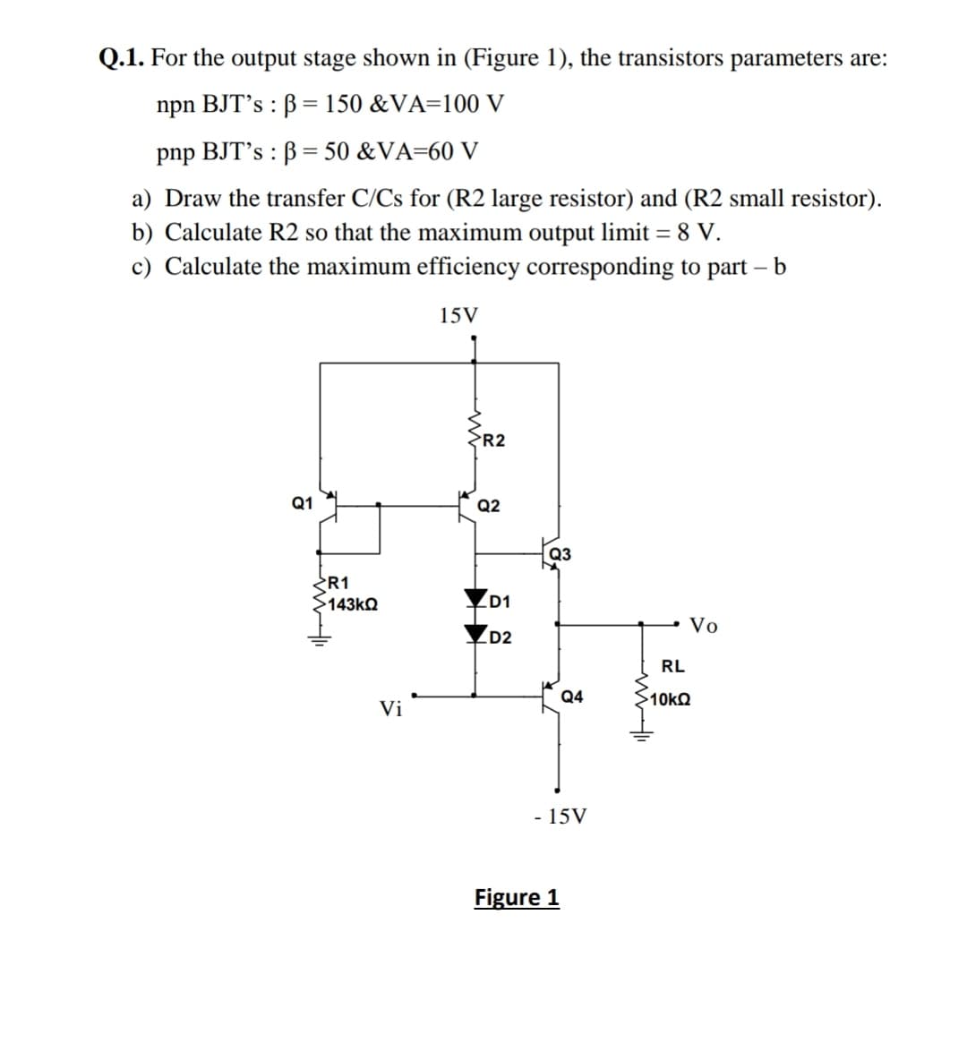 Q.1. For the output stage shown in (Figure 1), the transistors parameters are:
npn BJT's : B= 150 &VA=10 V
pnp BJT's : B= 50 &VA=60 V
a) Draw the transfer C/Cs for (R2 large resistor) and (R2 small resistor).
b) Calculate R2 so that the maximum output limit = 8 V.
c) Calculate the maximum efficiency corresponding to part – b
15V
R2
Q1
Q2
Q3
¿R1
>143KQ
D1
Vo
D2
RL
Q4
Vi
- 15V
Figure 1
