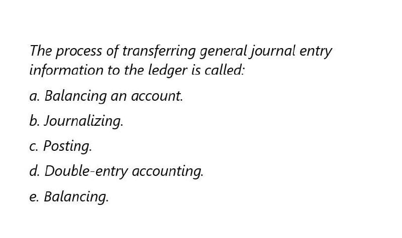 The process of transferring general journal entry
information to the ledger is called:
a. Balancing an account.
b. Journalizing.
c. Posting.
d. Double-entry accounting.
e. Balancing.