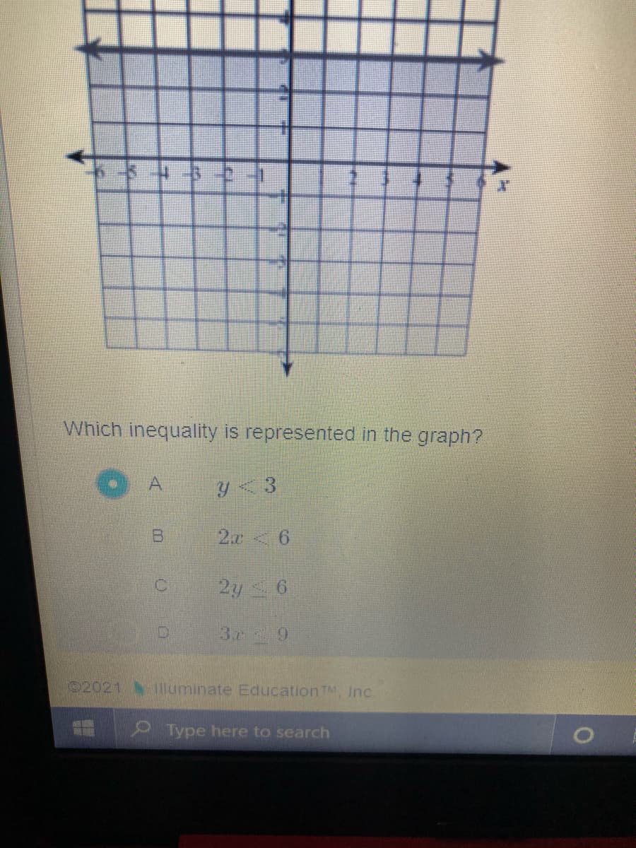 Which inequality is represented in the graph?
2a 6
2y 6
3c 9
2021 1luminate Education TM, Inc.
Type here to search
