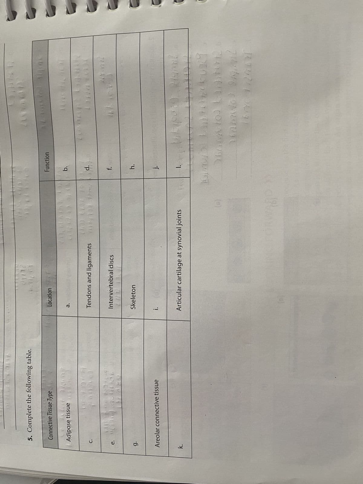 5. Complete the following table.
e.
g.
k.
Connective Tissue Type
Adipose tissue
C.
TOWANIA
fuit kun
an ied
belachiva
Areolar connective tissue
Location
07/12
a. om
Tendons and ligaments
Intervertebral discs
i.
Skeleton
W
MAD
02/12
(0) 626 10:
Articular cartilage at synovial joints
(8)
18
Function
b.
d.
717
f.
h.
j.
2000EXD2
Zcom
Contr
Ch
Jutins
Macd1240)
1/4*-760)
inkiest
(Fucos) 219mml
I.
Hom
kayo FantHZFURY
inwo) 9/9ail.
16740 17246