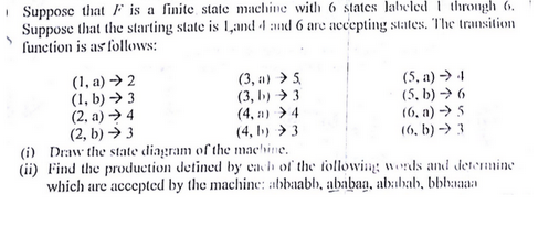 Suppose that is a finite state machine with 6 states labeled through 6.
Suppose that the starting state is 1,and 1 and 6 are accepting states. The transition
function is as follows:
(1, a) → 2
(1, b)→ 3
(2, a) → 4
(2, b) → 3
(3, a)
(3, b)
S
3
(5.a) -4
(5.b)→ 6
(6.a) -> 5
(6.b) -> 3
(4.)
4
(4,1) 3
(i) Draw the state diagram of the machine.
(ii) Find the production defined by each of the following words and determine
which are accepted by the machine: abbaabb, ababaa, ababab, bbbaaaa