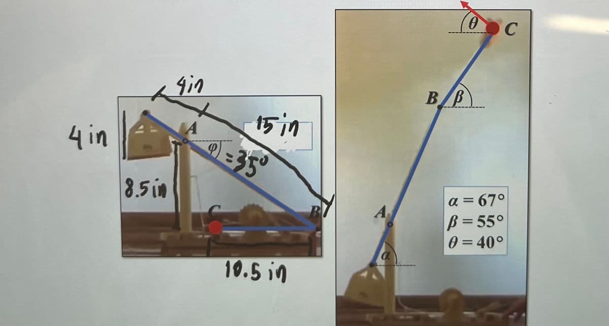 4 in
8.5 in
4in
15 in
= 35°
10.5 in
B
a
B/B
0
в с
a = 67°
B = 55°
0 = 40°