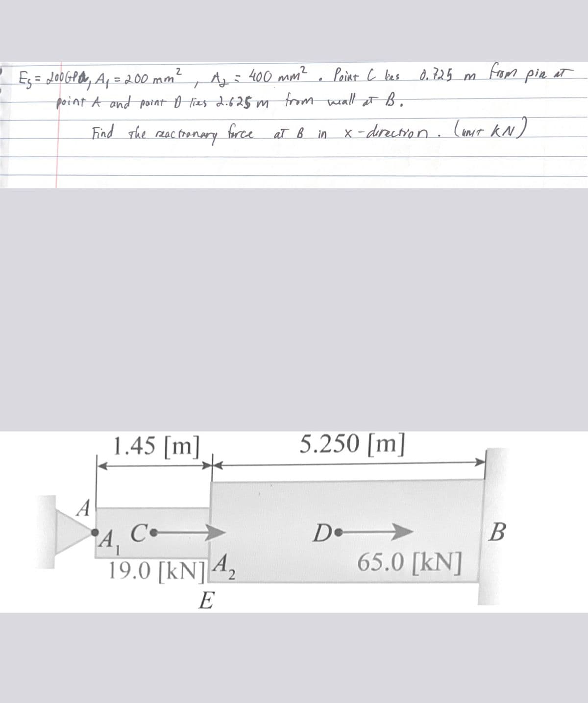 2
Eg = 200 GP₁ A₁ = 200 mm ²
T
point A and point D lies 2.625 m
Find the
reactionary
force
A
1.45 [m]
C
A₂ = 400 mm²
Point Cles
from wall at B.
ат в in
A₁
19.0 [kN] 4₂
E
.
5.250 [m]
0.725 m
x-direction. (UNIT KN)
De
from pin at
65.0 [kN]
B