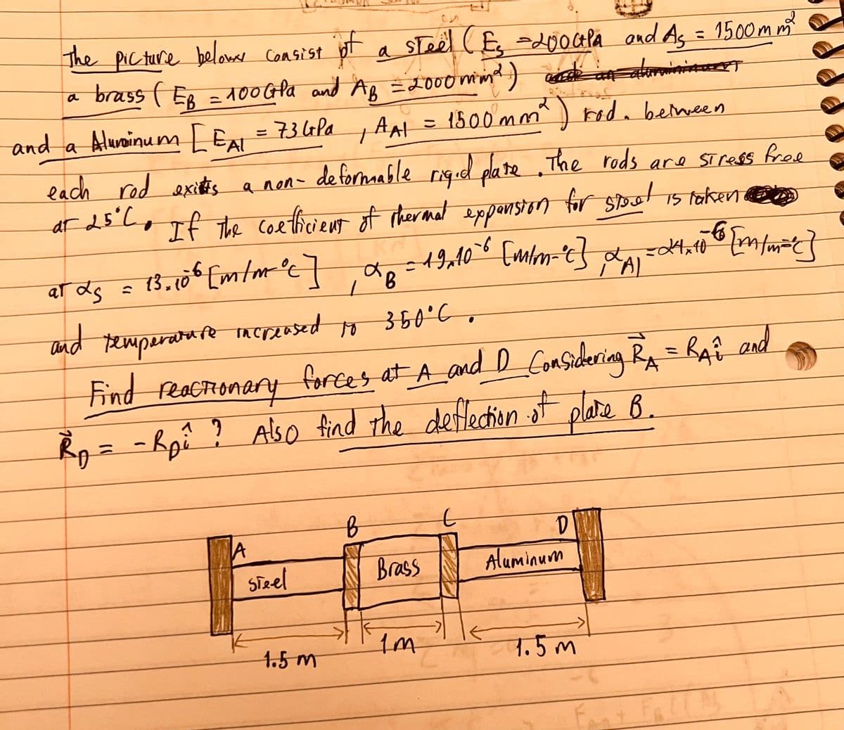 The picture belower consist.
pt a steel (E₂ -2000Pa and As = 1500mm ²
brass ( EB = 100 Gla and AB = 2000 mind) di an almiminaret
Ав
a
and a Aluroinum [ EA₁ = 73 GPa | AA1 = 1500 mm ² ) rod. between
each rod exists a non-deformable rigid plate. The rods are stress free
at 25°C. If the coefficient of thermal expansion for stoot is taken
- 6 [m/m=c}
at dg = 13.106 [m/m°c ]
ds
ав
19x10`6 [m/m-ic] α = 2²4,40 ²
18 = 19x10
AL
360°C.
Find reactionary forces at A_ and _D__Considering RA = Rai and
Rp = - Rp₁ ? Also find the deflection of plate B.
-Roi
1
and temperature increased to
A
steel
1.5 m
в
Brass
IM
t
D
Aluminum
1.5m
F₂
Fall