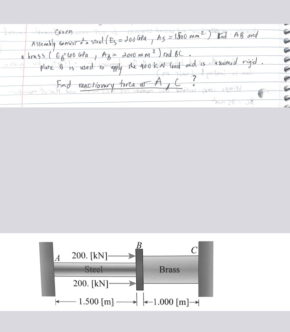 Jo Criven
Assembly consist of a staal ( Es = 200 Gold Ag = 1500 mm
T
a brass ( E₂²100 Gla
plane B F
75
mun to any bre
Find reactionary force
A
+
Ав= 2000 мм.
used to apply the 400k al load and is assumed rigid.
My Than Spabes!
200. [kN]-
Steel
200. [kN]-
1.500 [m]
2
) rod BC
force of A
B
+
с
7
Brass
.
kn07052-22017:NUÐ
20
1) Kod AB and
C
-1.000 [m]→
$F