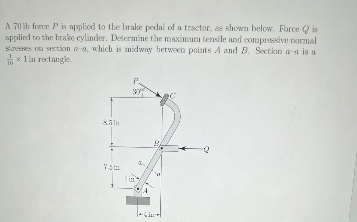 A 70 lb force P is applied to the brake pedal of a tractor, as shown below. Force Qis
applied to the brake cylinder. Determine the maximum tensile and compressive normal
stresses on section a-a, which is midway between points A and B. Section a-a is a
x 1 in rectangle.
3
16
8.5 in
7.5 in
P
30%
1 in
a
A
B
-4 in-
a
-Q