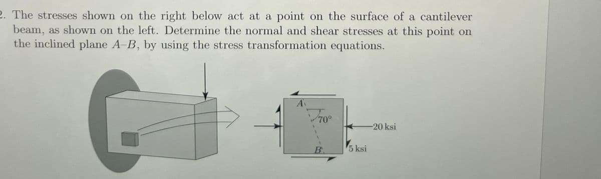 2. The stresses shown on the right below act at a point on the surface of a cantilever
beam, as shown on the left. Determine the normal and shear stresses at this point on
the inclined plane A-B, by using the stress transformation equations.
A
70°
В.
5 ksi
-20 ksi