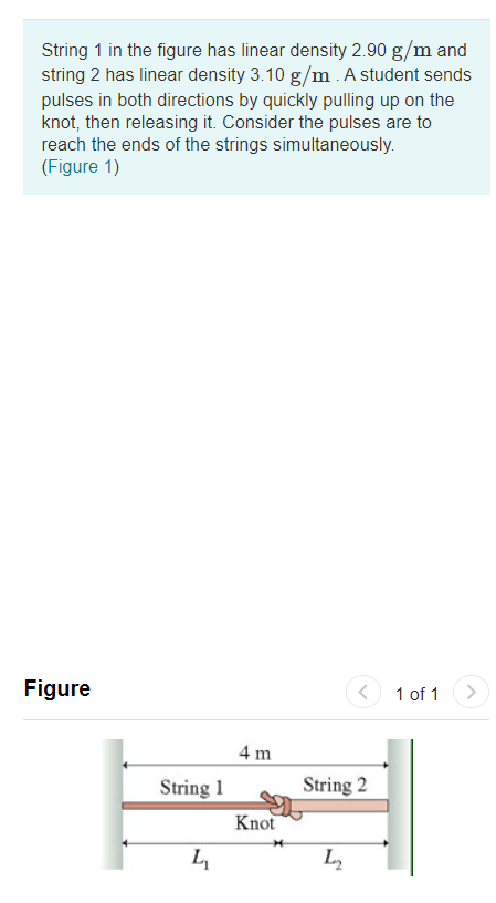 String 1 in the figure has linear density 2.90 g/m and
string 2 has linear density 3.10 g/m . A student sends
pulses in both directions by quickly pulling up on the
knot, then releasing it. Consider the pulses are to
reach the ends of the strings simultaneously.
(Figure 1)
Figure
1 of 1
<>
4 m
String 1
String 2
Knot
L2
