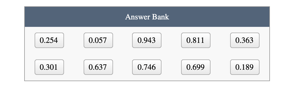 Answer Bank
0.254
0.057
0.943
0.811
0.363
0.301
0.637
0.746
0.699
0.189
