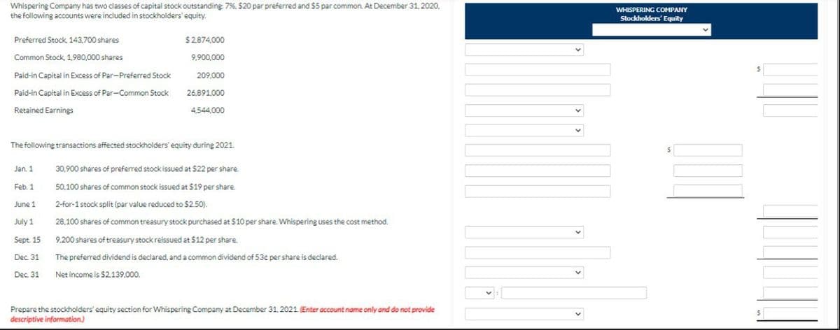 Whispering Company has two classes of capital stock outstanding 7%, $20 par preferred and $5 par common. At December 31, 2020.
the following accounts were included in stockholders' equity.
Preferred Stock, 143,700 shares
Common Stock, 1,980,000 shares
Paid-in Capital in Excess of Par-Preferred Stock
Paid-in Capital in Excess of Par-Common Stock
Retained Earnings
$ 2,874,000
9,900,000
Jan. 1
Feb. 1
June 1
July 1
Sept. 15
Dec. 31
Dec. 31
209,000
26,891,000
4,544,000
The following transactions affected stockholders' equity during 2021.
30,900 shares of preferred stock issued at $22 per share.
50,100 shares of common stock issued at $19 per share.
2-for-1 stock split (par value reduced to $2.50).
28,100 shares of common treasury stock purchased at $10 per share. Whispering uses the cost method.
9.200 shares of treasury stock reissued at $12 per share.
The preferred dividend is declared, and a common dividend of 53¢ per share is declared.
Net income is $2,139,000.
Prepare the stockholders' equity section for Whispering Company at December 31, 2021. (Enter account name only and do not provide
descriptive information)
WHISPERING COMPANY
Stockholders' Equity
$