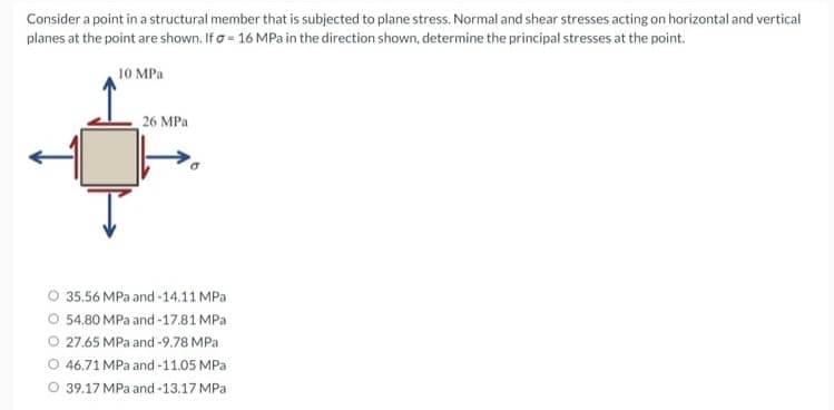 Consider a point in a structural member that is subjected to plane stress. Normal and shear stresses acting on horizontal and vertical
planes at the point are shown. If o = 16 MPa in the direction shown, determine the principal stresses at the point.
10 MPa
26 MPa
O 35.56 MPa and -14.11 MPa
54.80 MPa and -17.81 MPa
O 27.65 MPa and -9.78 MPa
O 46.71 MPa and -11.05 MPa
O 39.17 MPa and-13.17 MPa
