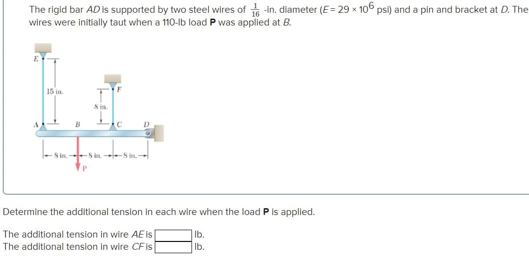 The rigid bar AD is supported by two steel wires of -in. diameter (E= 29 x 106 psi) and a pin and bracket at D. The
wires were initially taut when a 110-lb load P was applied at B.
16
15 in.
F
8 in.
A
D
+8 in. 8 in. 8 in.
Determine the additional tension in each wire when the load P is applied.
The additional tension in wire AE is
Ib.
The additional tension in wire CFis
Ib.
