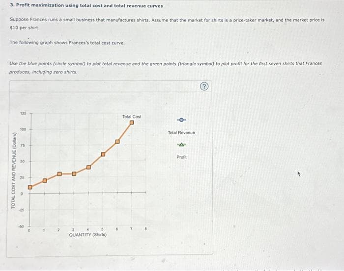 3. Profit maximization using total cost and total revenue curves
Suppose Frances runs a small business that manufactures shirts. Assume that the market for shirts is a price-taker market, and the market price is
$10 per shirt.
The following graph shows Frances's total cost curve.
Use the blue points (circle symbol) to plot total revenue and the green points (triangle symbol) to plot profit for the first seven shirts that Frances
produces, including zero shirts.
TOTAL COST AND REVENUE (Dollars)
125
100
75
50
2
0
20
8
O
D
QUANTITY (Shirts)
Total Cost
7 8
O
Total Revenue
-A-
Profit