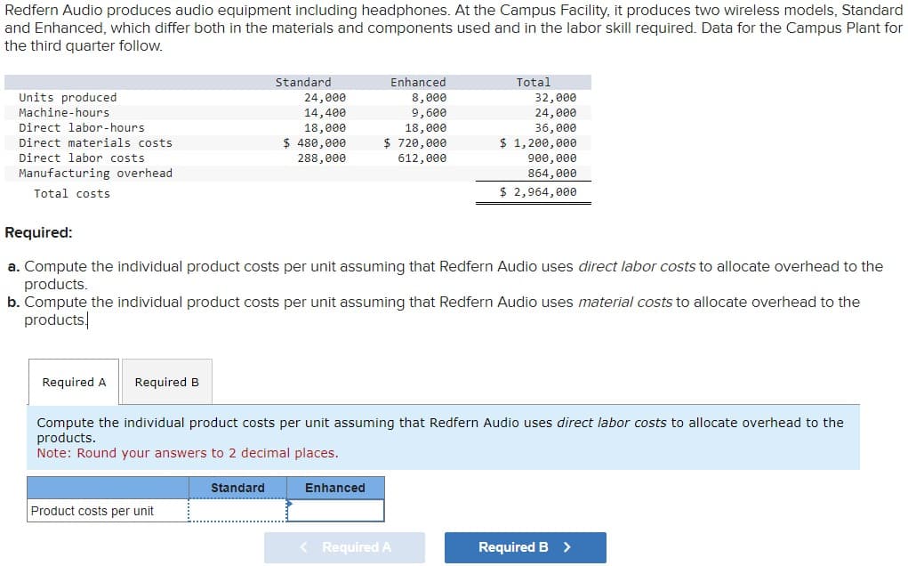 Redfern Audio produces audio equipment including headphones. At the Campus Facility, it produces two wireless models, Standard
and Enhanced, which differ both in the materials and components used and in the labor skill required. Data for the Campus Plant for
the third quarter follow.
Standard
Enhanced
Units produced
Machine-hours
Direct labor-hours
24,000
Direct materials costs
14,400
18,000
$ 480,000
288,000
8,000
9,600
18,000
$ 720,000
Total
32,000
24,000
36,000
612,000
$ 1,200,000
900,000
864,000
$ 2,964,000
Direct labor costs
Manufacturing overhead
Total costs
Required:
a. Compute the individual product costs per unit assuming that Redfern Audio uses direct labor costs to allocate overhead to the
products.
b. Compute the individual product costs per unit assuming that Redfern Audio uses material costs to allocate overhead to the
products.
Required A Required B
Compute the individual product costs per unit assuming that Redfern Audio uses direct labor costs to allocate overhead to the
products.
Note: Round your answers to 2 decimal places.
Product costs per unit
Standard
Enhanced
< Required A
Required B >