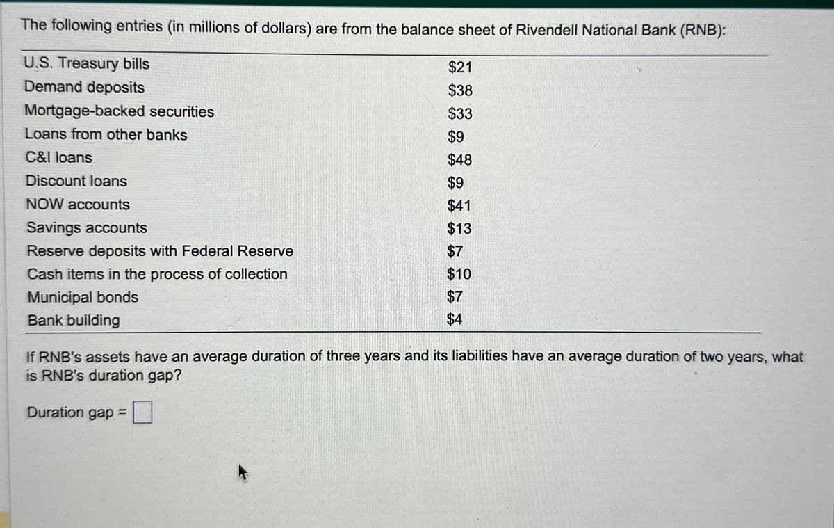 The following entries (in millions of dollars) are from the balance sheet of Rivendell National Bank (RNB):
U.S. Treasury bills
Demand deposits
Mortgage-backed securities
Loans from other banks
C&I loans
Discount loans
NOW accounts
Savings accounts
Reserve deposits with Federal Reserve
Cash items in the process of collection
Municipal bonds
Bank building
$21
$38
$33
$9
$48
$9
$41
$13
$7
$10
$7
$4
If RNB's assets have an average duration of three years and its liabilities have an average duration of two years, what
is RNB's duration gap?
Duration gap=