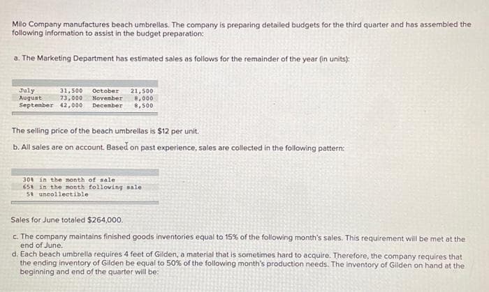 Milo Company manufactures beach umbrellas. The company is preparing detailed budgets for the third quarter and has assembled the
following information to assist in the budget preparation:
a. The Marketing Department has estimated sales as follows for the remainder of the year (in units):
31,500 October 21,500
November 8,000
73,000
September 42,000 December 8,500
July
August
The selling price of the beach umbrellas is $12 per unit.
b. All sales are on account. Based on past experience, sales are collected in the following pattern:
30 in the month of sale
65% in the month following sale
5 uncollectible
Sales for June totaled $264,000.
c. The company maintains finished goods inventories equal to 15% of the following month's sales. This requirement will be met at the
end of June.
d. Each beach umbrella requires 4 feet of Gilden, a material that is sometimes hard to acquire. Therefore, the company requires that
the ending inventory of Gilden be equal to 50% of the following month's production needs. The inventory of Gilden on hand at the
beginning and end of the quarter will be: