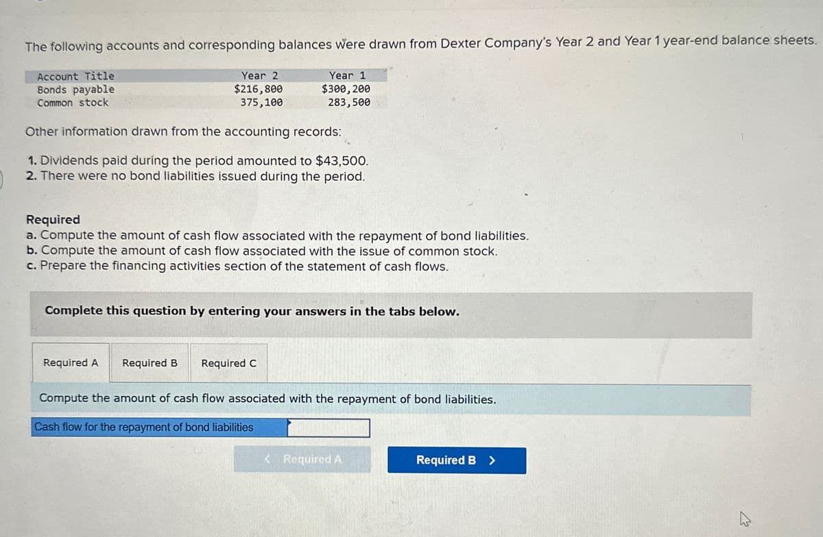 The following accounts and corresponding balances were drawn from Dexter Company's Year 2 and Year 1 year-end balance sheets.
Account Title
Bonds payable
Common stock
Year 2
$216,800
375,100
Year 1
$300,200
283,500
Other information drawn from the accounting records:
1. Dividends paid during the period amounted to $43,500.
2. There were no bond liabilities issued during the period.
Required
a. Compute the amount of cash flow associated with the repayment of bond liabilities.
b. Compute the amount of cash flow associated with the issue of common stock.
c. Prepare the financing activities section of the statement of cash flows.
Complete this question by entering your answers in the tabs below.
Required A Required B
Required C
Compute the amount of cash flow associated with the repayment of bond liabilities.
Cash flow for the repayment of bond liabilities
<Required A
Required B >
13