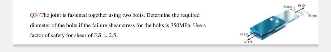 Q3//The joint is fastened together using two bolts. Determine the required
diameter of the bolts if the failure shear stress for the bolts is 350MPa. Use a
factor of safety for shear of F.S. = 2.5.
40 KN
40 KN
30 mm-
80 KN
30 mm