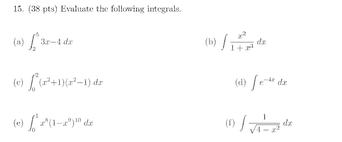 15. (38 pts) Evaluate the following integrals.
(a) .
(b) 1t
/ :
3x-4 da
da
(e) (*+1)(=²–1) de
(d) fe* de
-4x
*(1-a)" de
(1) / -
(e)
(f)
