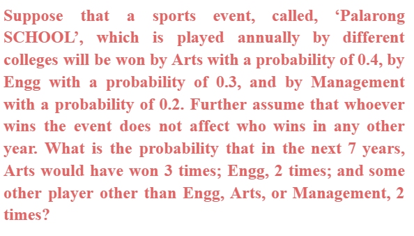 Suppose that a
SCHOOL’, which is played annually by different
sports event, called, Palarong
colleges will be won by Arts with a probability of 0.4, by
Engg with a probability of 0.3, and by Management
with a probability of 0.2. Further assume that whoever
wins the event does not affect who wins in any other
year. What is the probability that in the next 7 years,
Arts would have won 3 times; Engg, 2 times; and some
other player other than Engg, Arts, or Management, 2
times?
