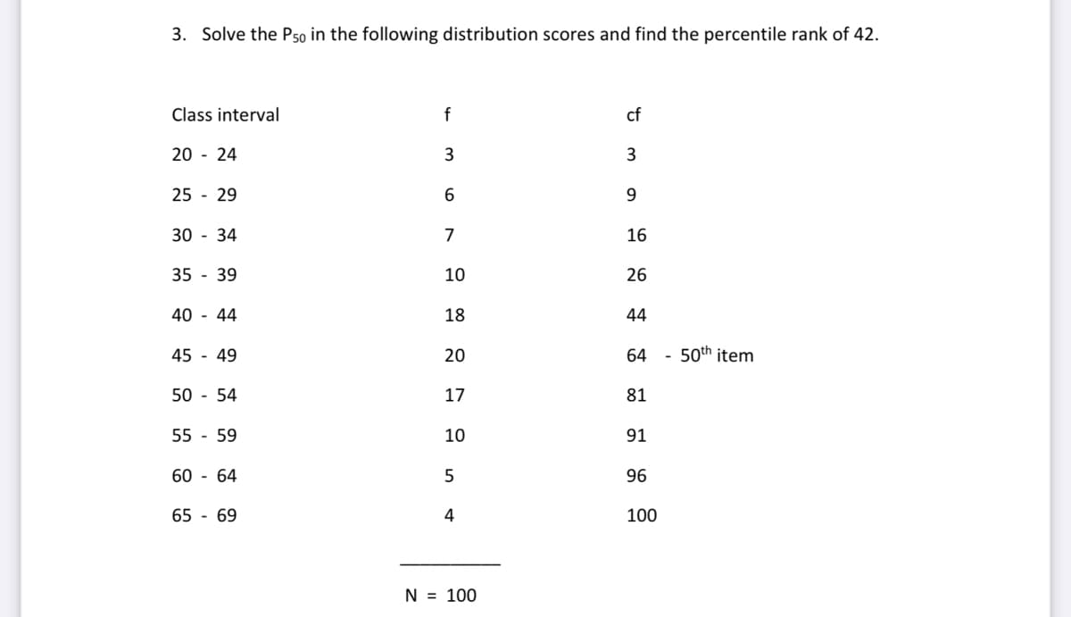 3. Solve the Pso in the following distribution scores and find the percentile rank of 42.
Class interval
f
cf
20 - 24
25 - 29
30 - 34
7
16
35 - 39
10
26
40 - 44
18
44
45 - 49
20
64
- 50th item
50 - 54
17
81
55 - 59
10
91
60 - 64
96
65 - 69
4
100
N = 100
