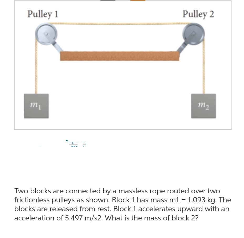 Pulley 1
m
T
Pulley 2
m2
Two blocks are connected by a massless rope routed over two
frictionless pulleys as shown. Block 1 has mass m1 = 1.093 kg. The
blocks are released from rest. Block 1 accelerates upward with an
acceleration of 5.497 m/s2. What is the mass of block 2?