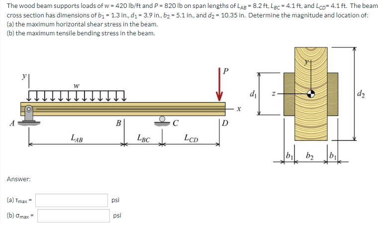 The wood beam supports loads of w = 420 lb/ft and P = 820 lb on span lengths of Lag = 8.2 ft, Lgc = 4.1 ft, and Lco= 4.1 ft. The beam
cross section has dimensions of bị = 1.3 in., d1 = 3.9 in., b2 = 5.1 in., and d2 = 10.35 in. Determine the magnitude and location of:
(a) the maximum horizontal shear stress in the beam.
(b) the maximum tensile bending stress in the beam.
di
d2
B
D
LAB
LBC
LCD
b
b2
Answer:
(a) Tmax
psi
(b) ơmax =
psi
