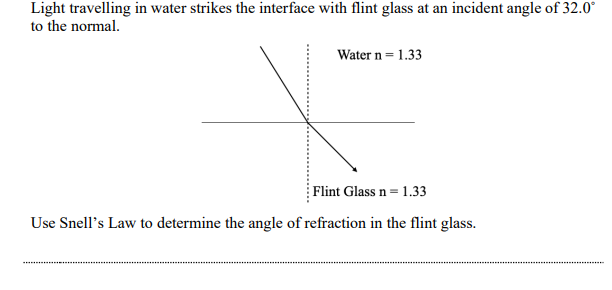 Light travelling in water strikes the interface with flint glass at an incident angle of 32.0°
to the normal.
Water n = 1.33
Flint Glass n = 1.33
Use Snell's Law to determine the angle of refraction in the flint glass.