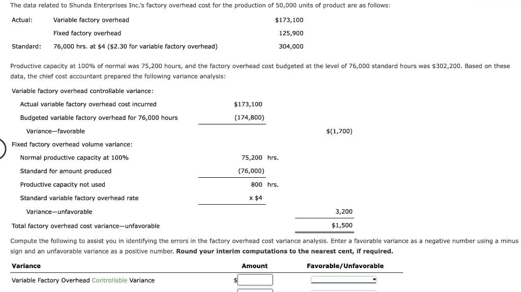 The data related to Shunda Enterprises Inc.'s factory overhead cost for the production of 50,000 units of product are as follows:
Actual:
Variable factory overhead
$173,100
Fixed factory overhead
125,900
Standard: 76,000 hrs. at $4 ($2.30 for variable factory overhead)
304,000
Productive capacity at 100% of normal was 75,200 hours, and the factory overhead cost budgeted at the level of 76,000 standard hours was $302,200. Based on these
data, the chief cost accountant prepared the following variance analysis:
Variable factory overhead controllable variance:
Actual variable factory overhead cost incurred
Budgeted variable factory overhead for 76,000 hours
Variance-favorable
$173,100
(174,800)
Fixed factory overhead volume variance:
Normal productive capacity at 100%
Standard for amount produced
Productive capacity not used
Standard variable factory overhead rate
Variance-unfavorable
Total factory overhead cost variance-unfavorable
Compute the following to assist you in identifying the errors in the factory overhead cost variance analysis. Enter a favorable variance as a negative number using minust
sign and an unfavorable variance as a positive number. Round your interim computations to the nearest cent, if required.
Variance
Favorable/Unfavorable
Variable Factory Overhead Controllable Variance
75,200 hrs.
(76,000)
800 hrs.
x $4
$(1,700)
Amount
3,200
$1,500