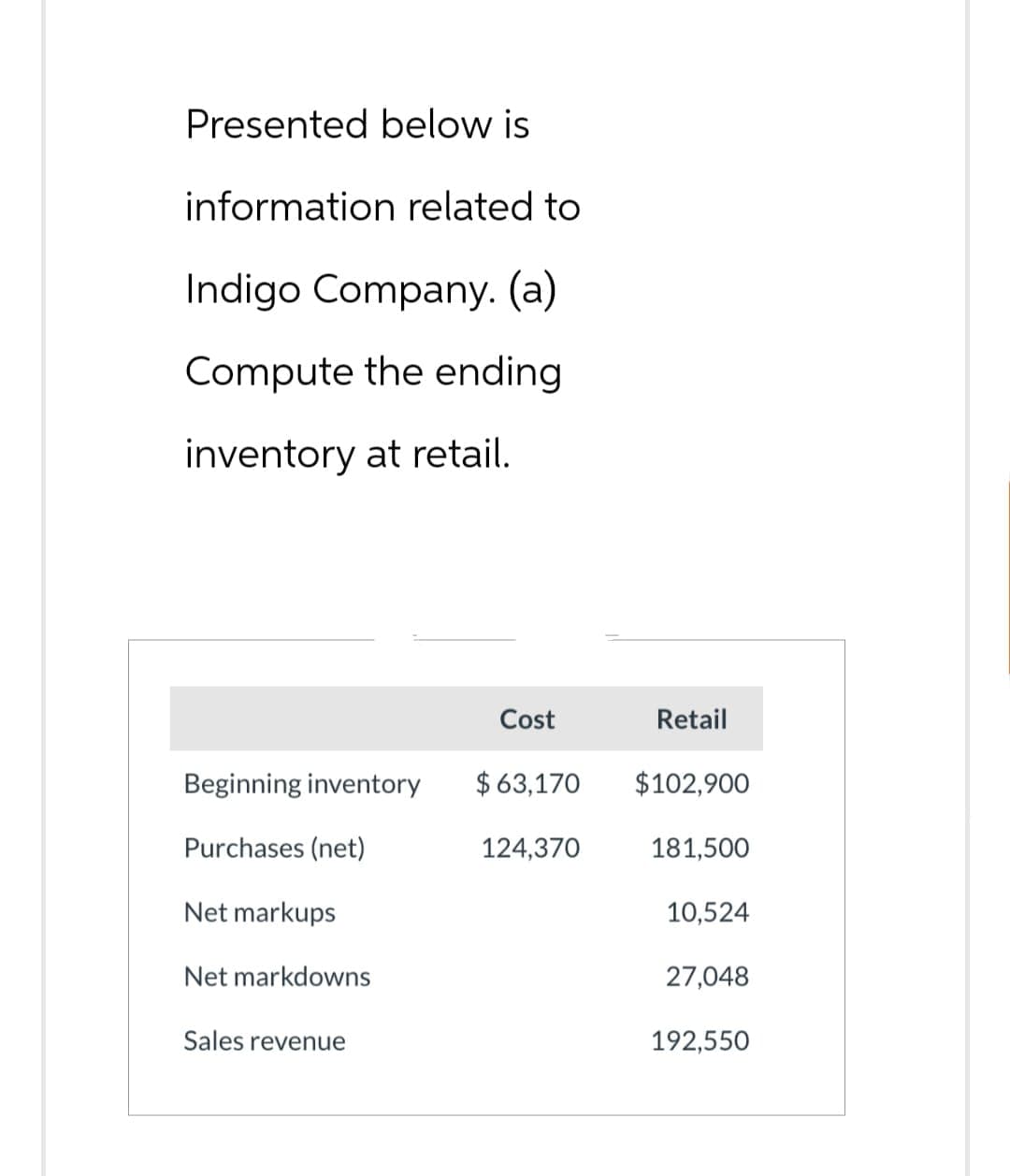 Presented below is
information related to
Indigo Company. (a)
Compute the ending
inventory at retail.
Beginning inventory
Purchases (net)
Net markups
Net markdowns
Sales revenue
Cost
$63,170
124,370
Retail
$102,900
181,500
10,524
27,048
192,550