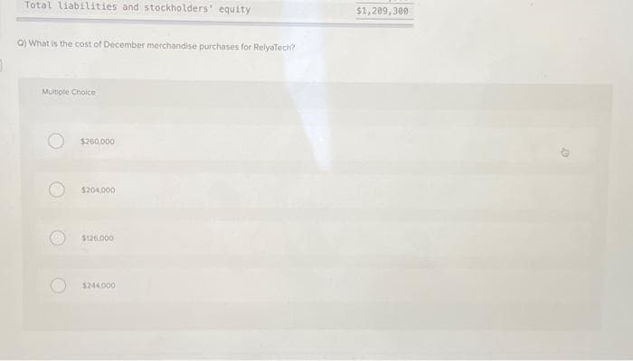 Total liabilities and stockholders' equity
Q) What is the cost of December merchandise purchases for RelyaTech?
Multiple Choice
$260.000
$204,000
$126.000
$244,000
$1,209,300